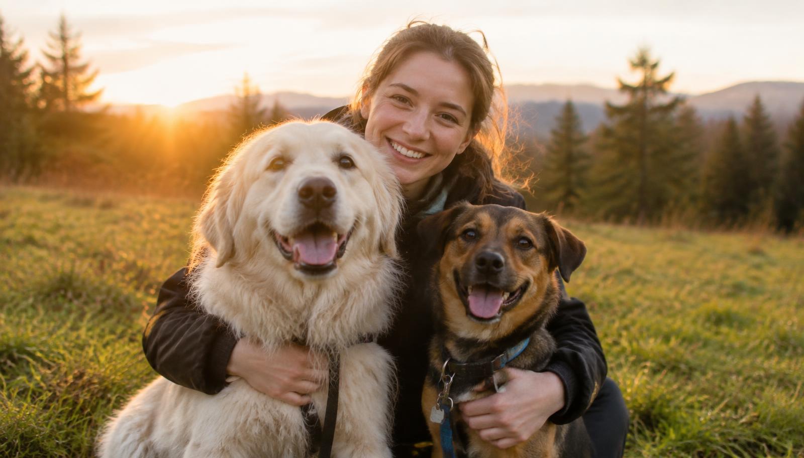 Volunteer hugging two rescue dogs
