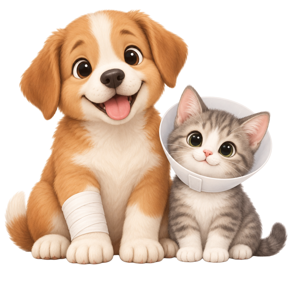 Kitten patient in a recovery cone with a puppy patient wearing a leg bandage